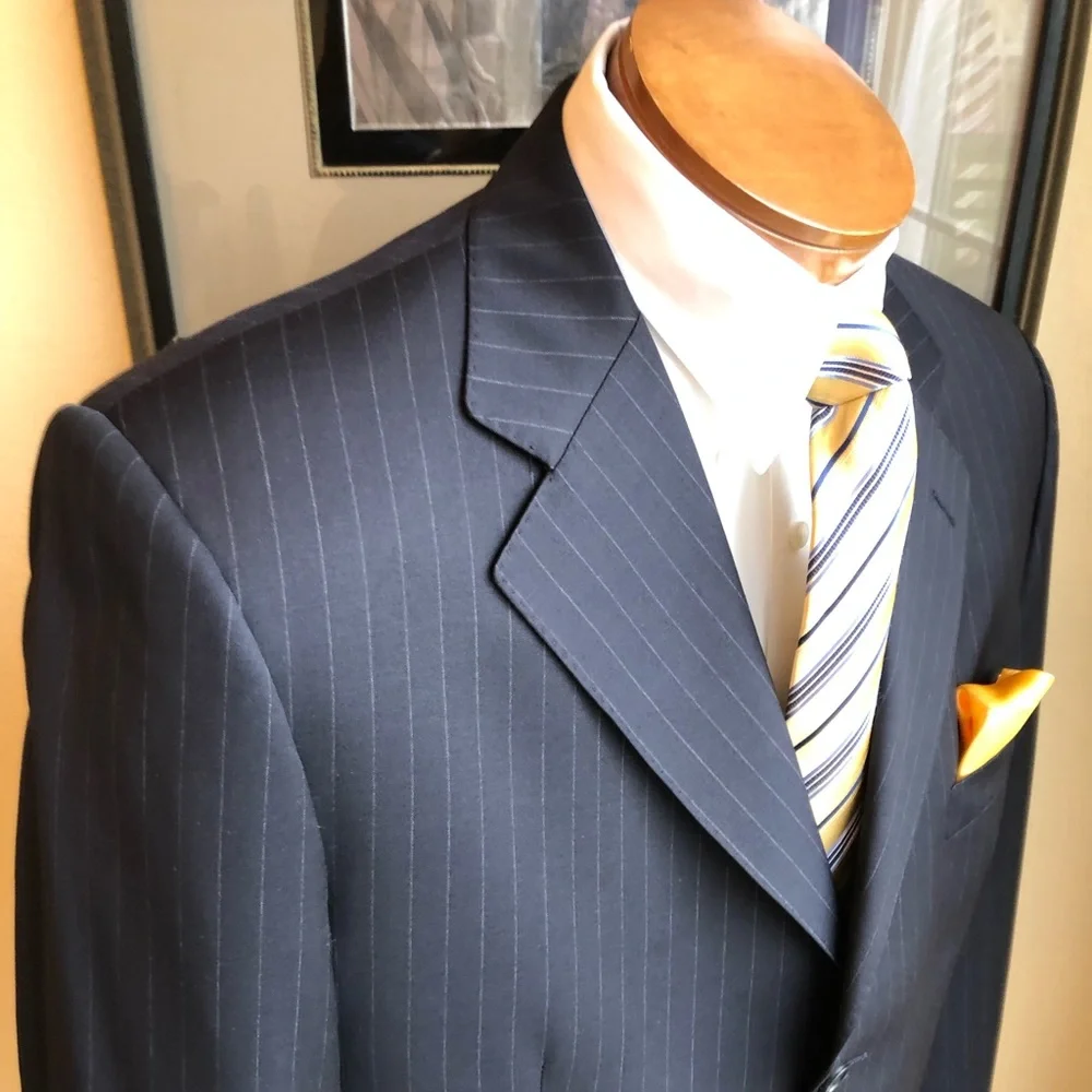 Emilio Yuste Wool 2 Piece Navy Blue Pinstripe Suit Size 42R Slacks W35” L29.5”